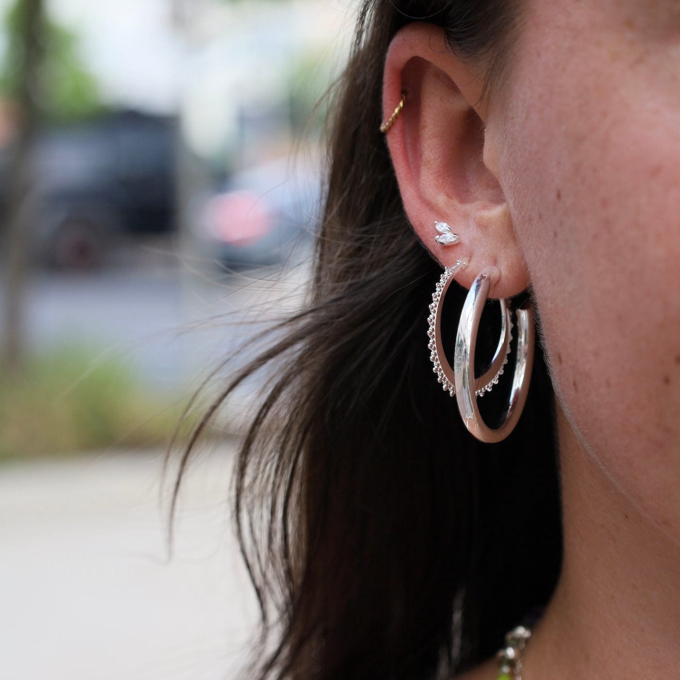 EAR Large Hoops with Granulated Edges - Sterling Silver