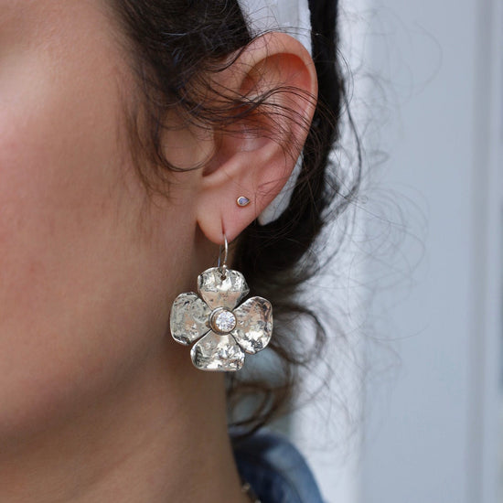 EAR Large Petal Flower Earrings with CZ Center & 14k Gold Bezel