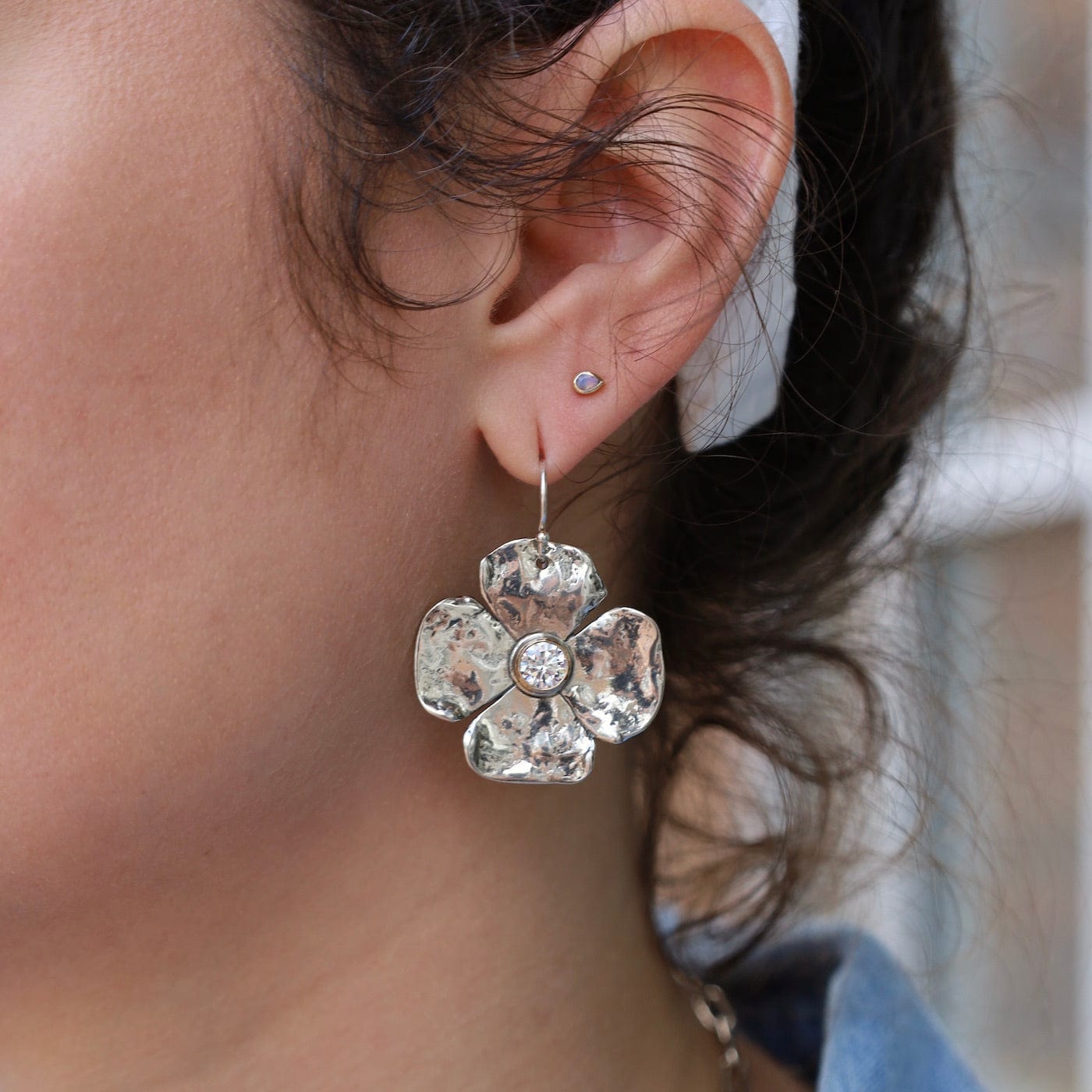 EAR Large Petal Flower Earrings with CZ Center & 14k Gold Bezel