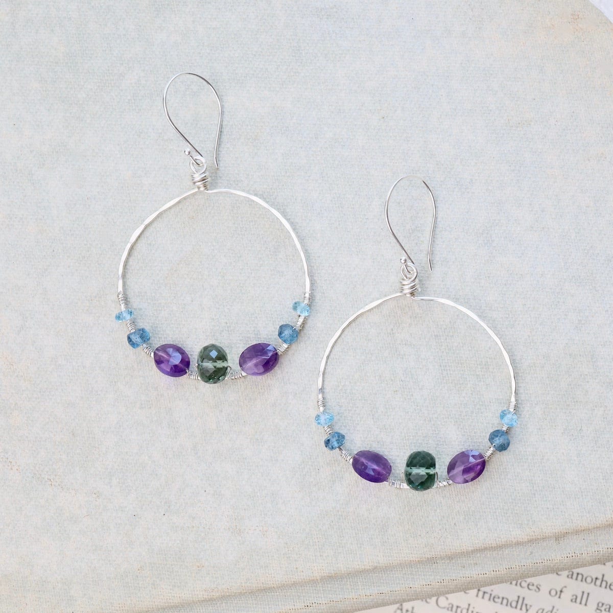 EAR Large Silver Hoop Earrings with Amethyst, Quartz,and Blue Topaz