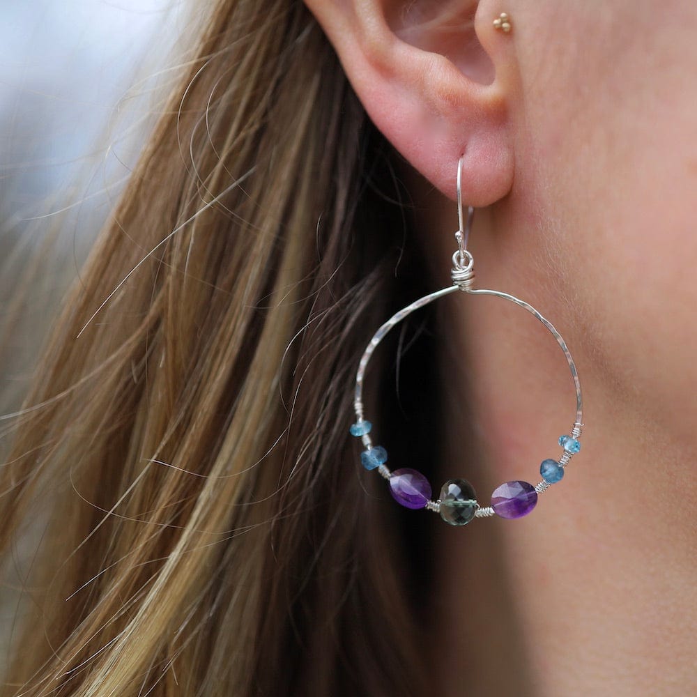 EAR Large Silver Hoop Earrings with Amethyst, Quartz,and Blue Topaz