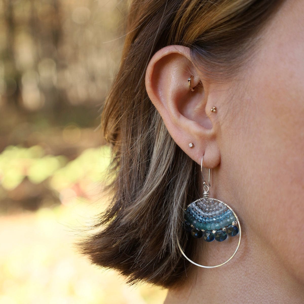 EAR Large Silver Hoop with Woven Blue Quartz Earrings