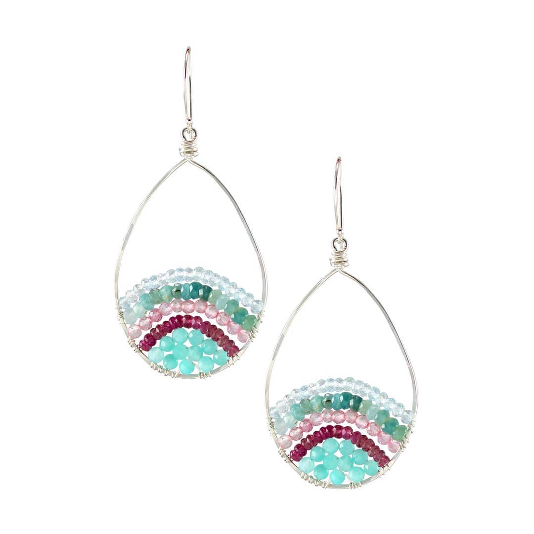 EAR Large Silver Teardrop Woven with Amazonite & Pink Tourmaline Earrings
