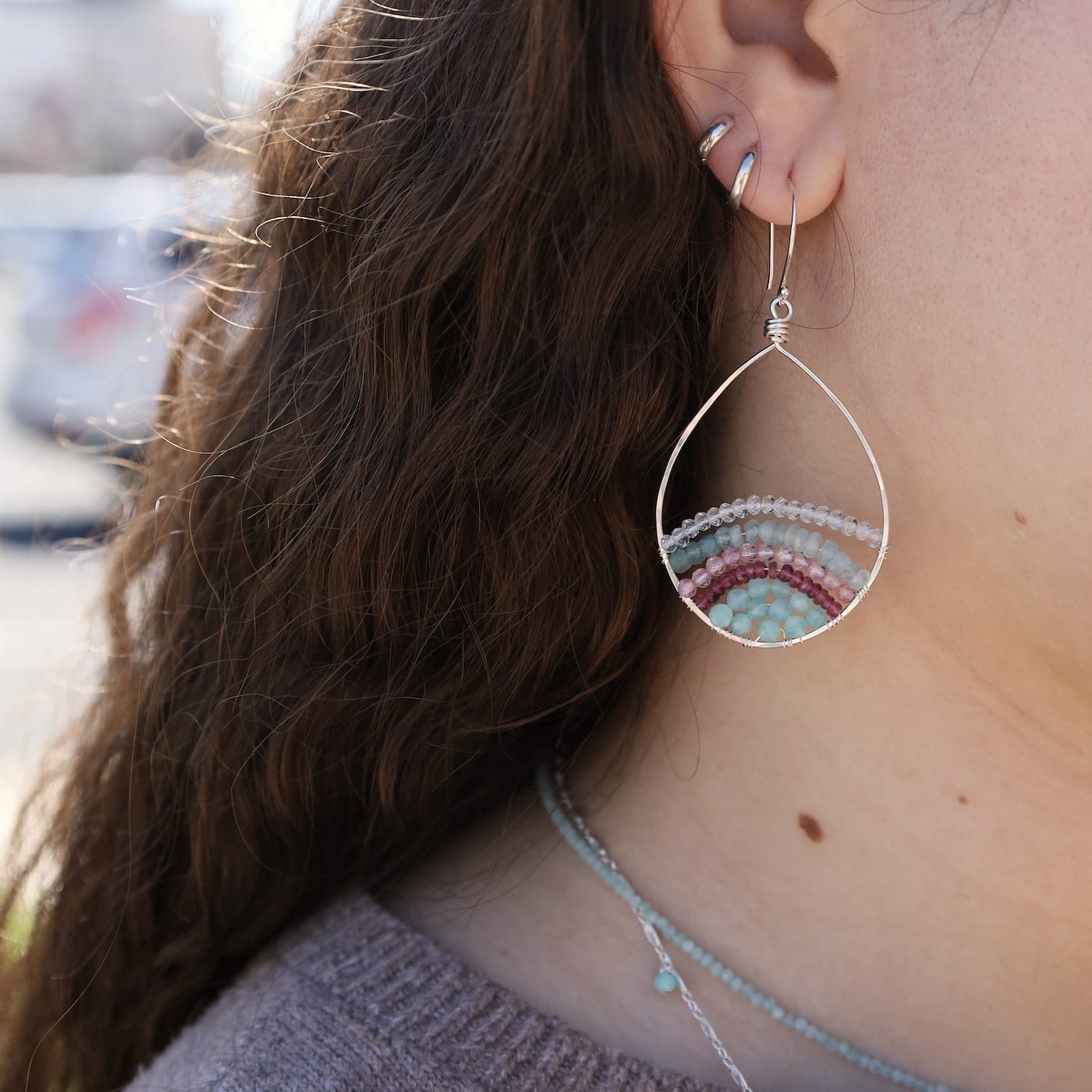 EAR Large Silver Teardrop Woven with Amazonite & Pink Tourmaline Earrings