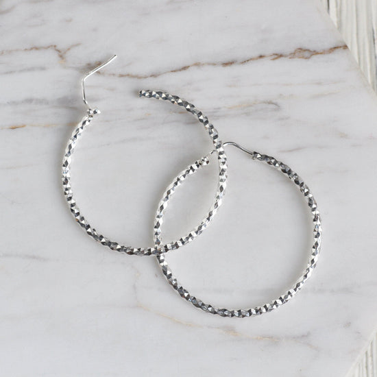 EAR Large Sterling Silver Faceted Hoops