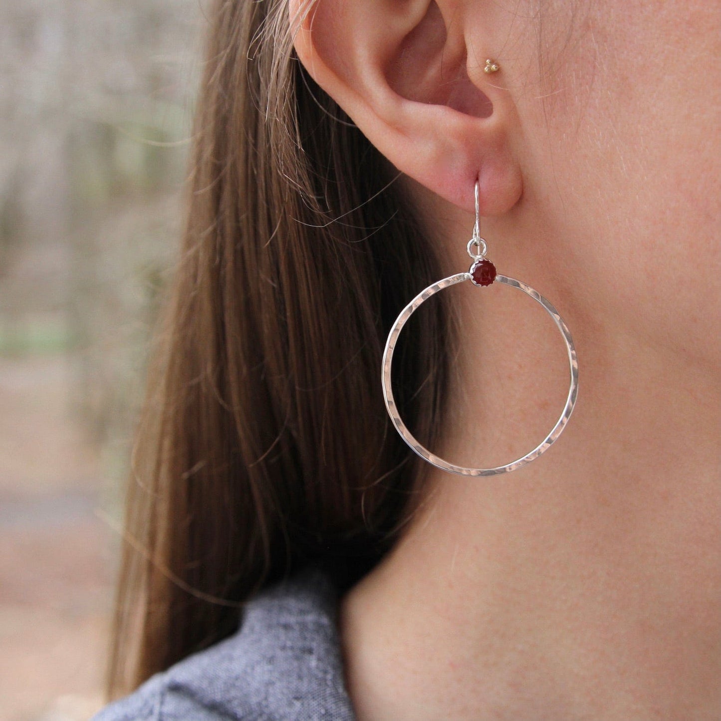 EAR Large Sterling Silver Hoops with Carnelian Earring