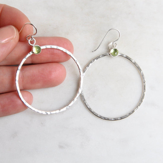 Load image into Gallery viewer, EAR Large Sterling Silver Hoops with Peridot Earring

