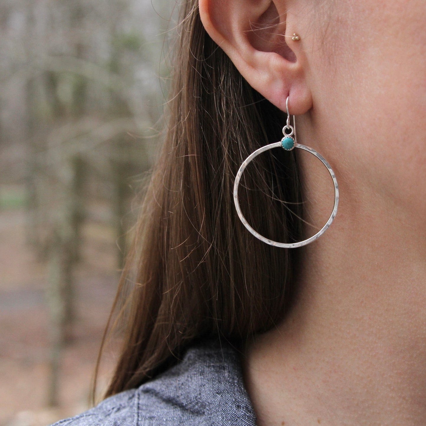 EAR Large Sterling Silver Hoops with Turquoise Earring