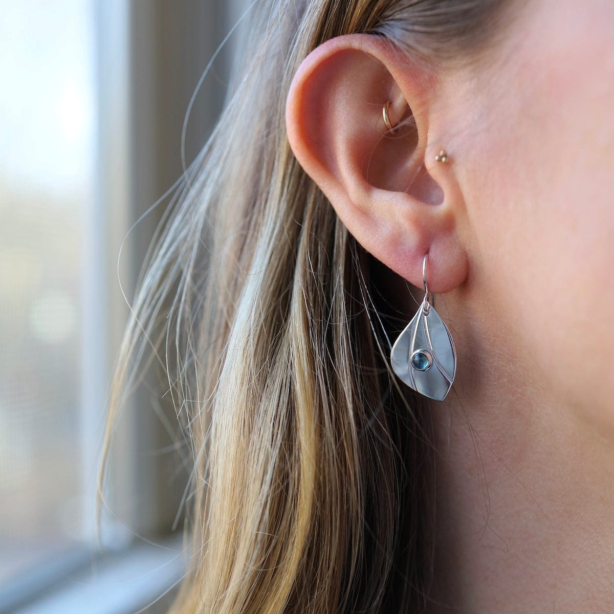 EAR Leaf Earrings with Cabochon Blue Topaz