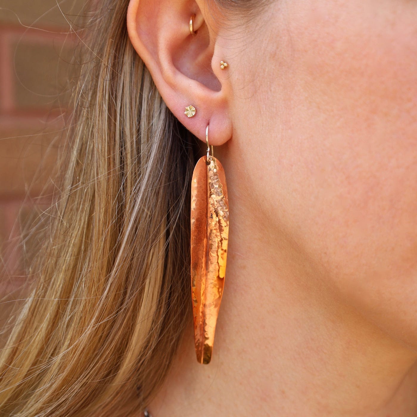 Long Hammered Copper Leaf Earrings Dandelion Jewelry