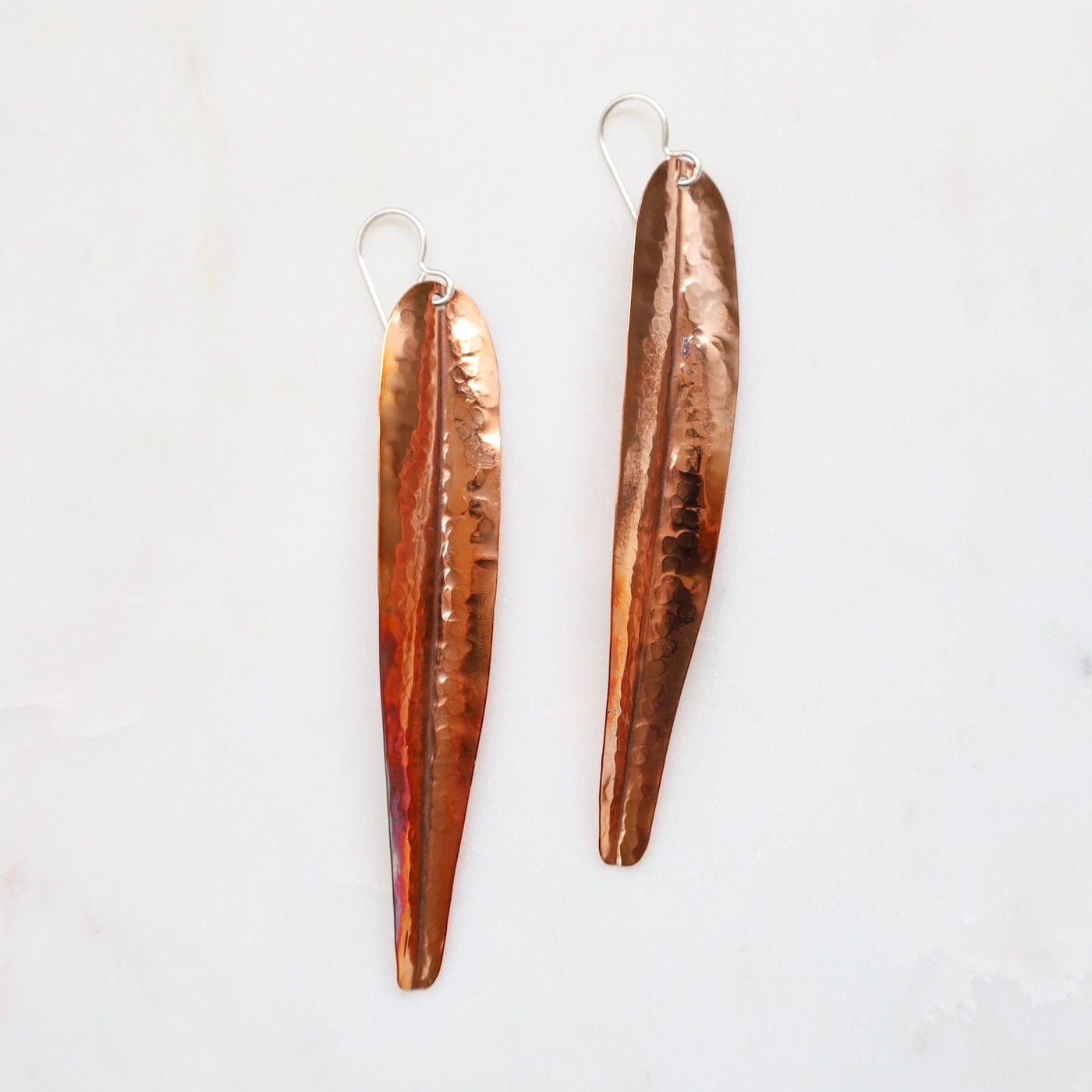 EAR Long Hammered Copper Leaf Earrings