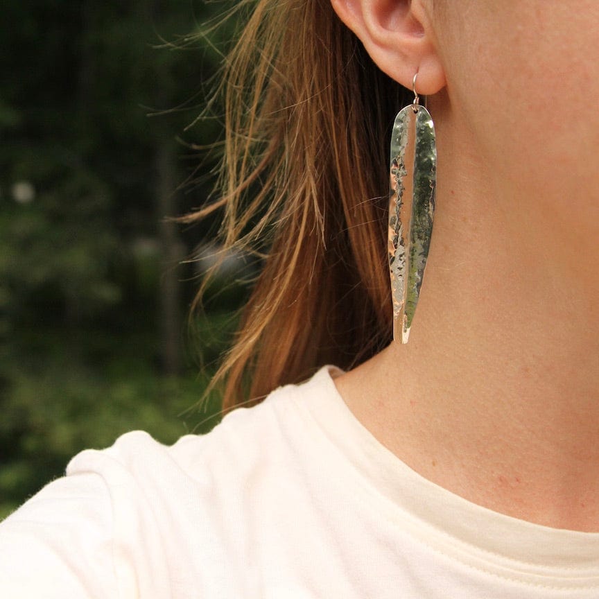 EAR Long Hammered Silver Leaf Earrings