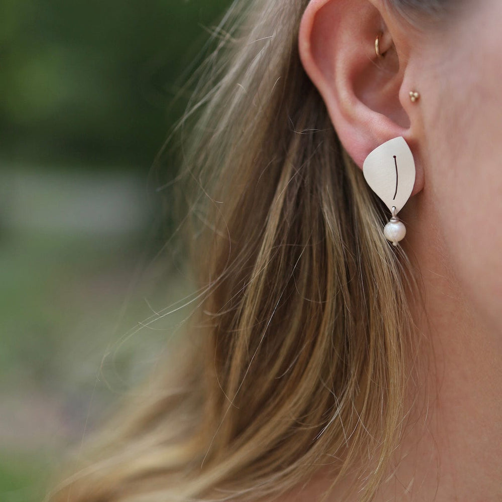 EAR Matte Silver Post Earrings with Pearl Drops