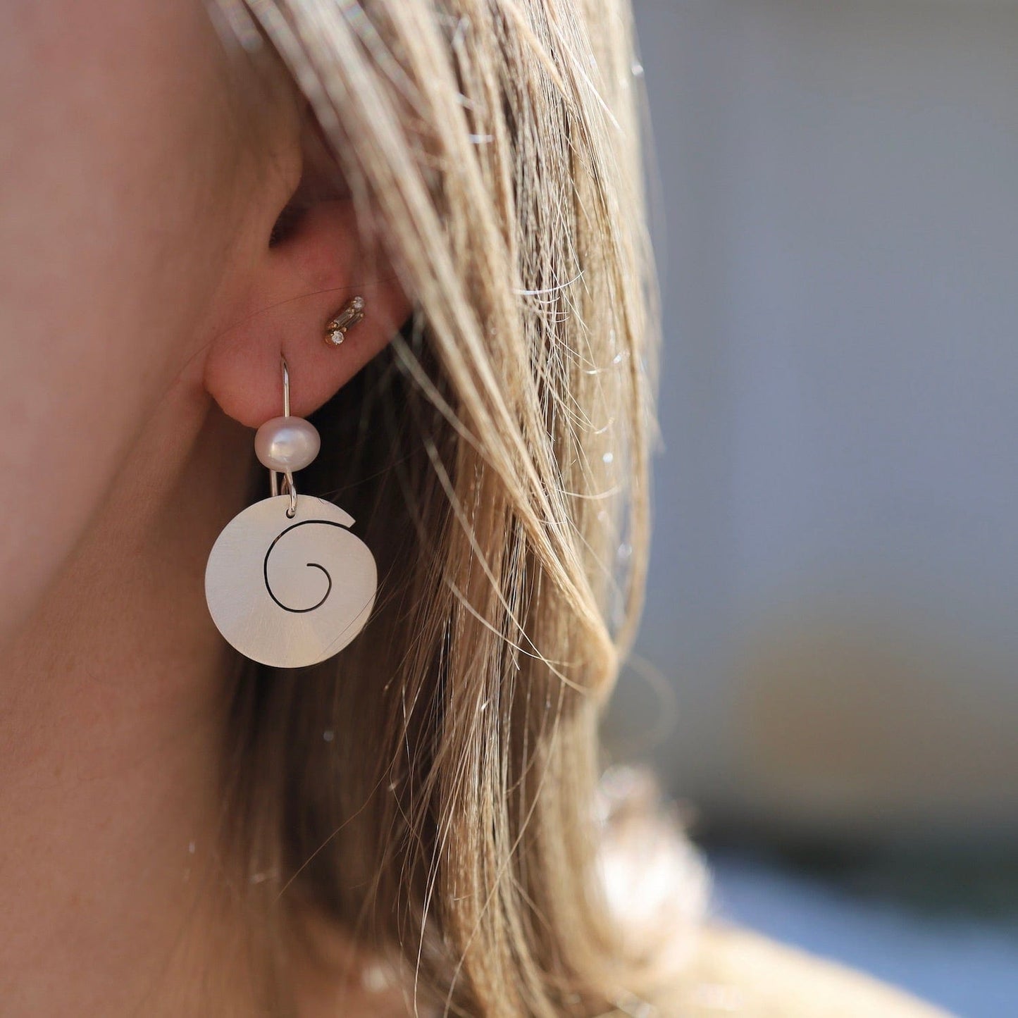 EAR Matte Silver Swirl Drop with White Pearl Earring