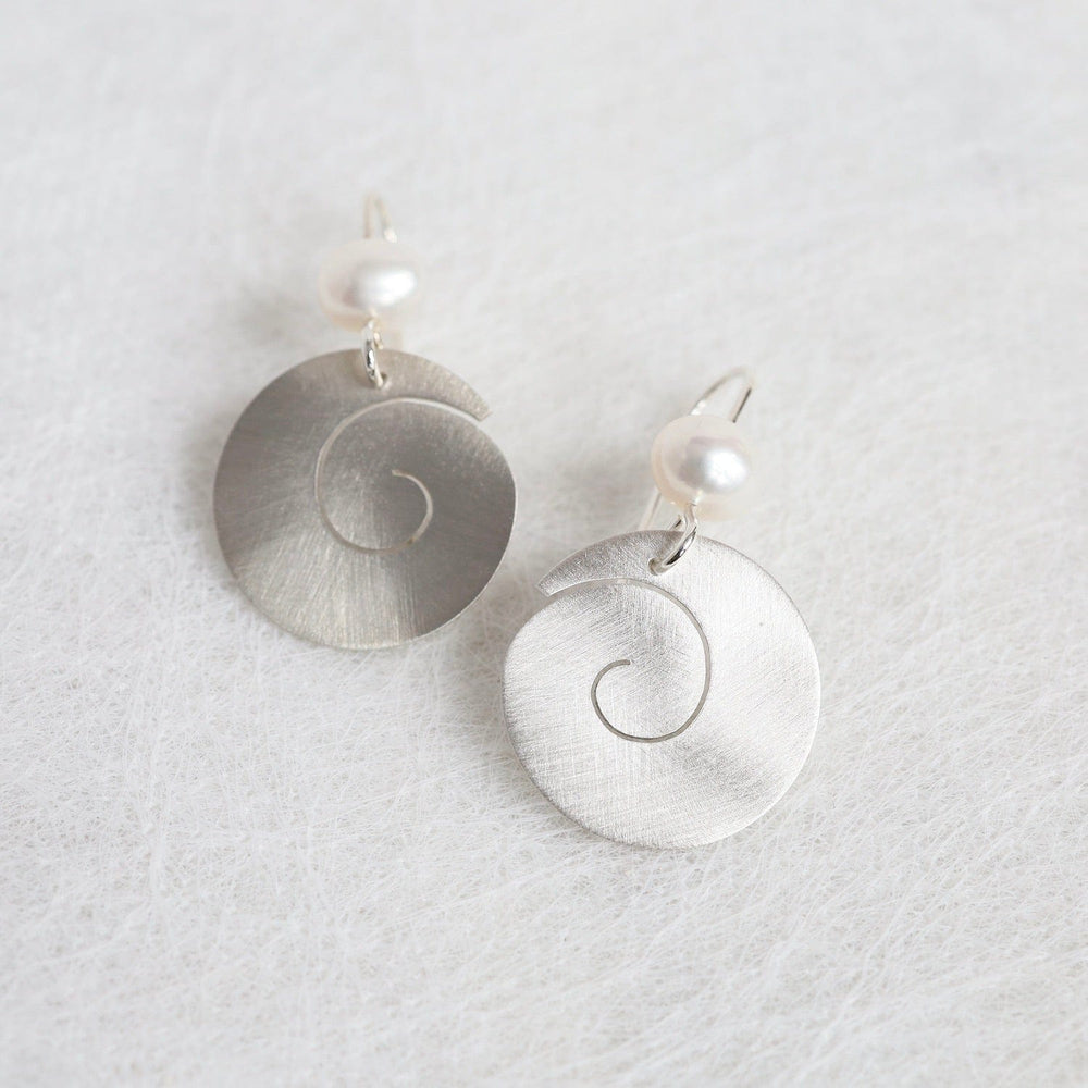 EAR Matte Silver Swirl Drop with White Pearl Earring