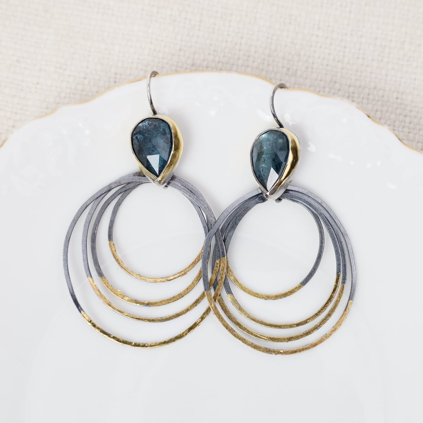 EAR Medium Ripple Rim Earrings with Teal Kyanite