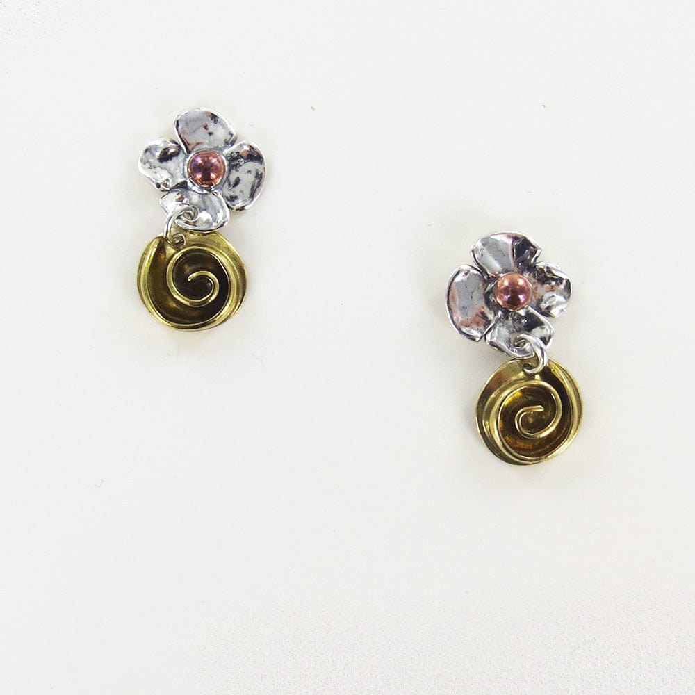 EAR MIXED METAL ROSE AND SWIRL DANGLE EARRINGS