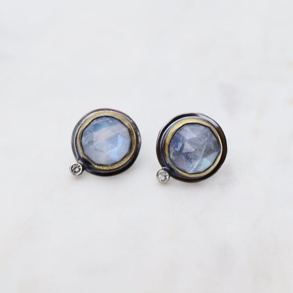 EAR Oval Crescent Rim Post Earrings with Moonstone & White Topaz