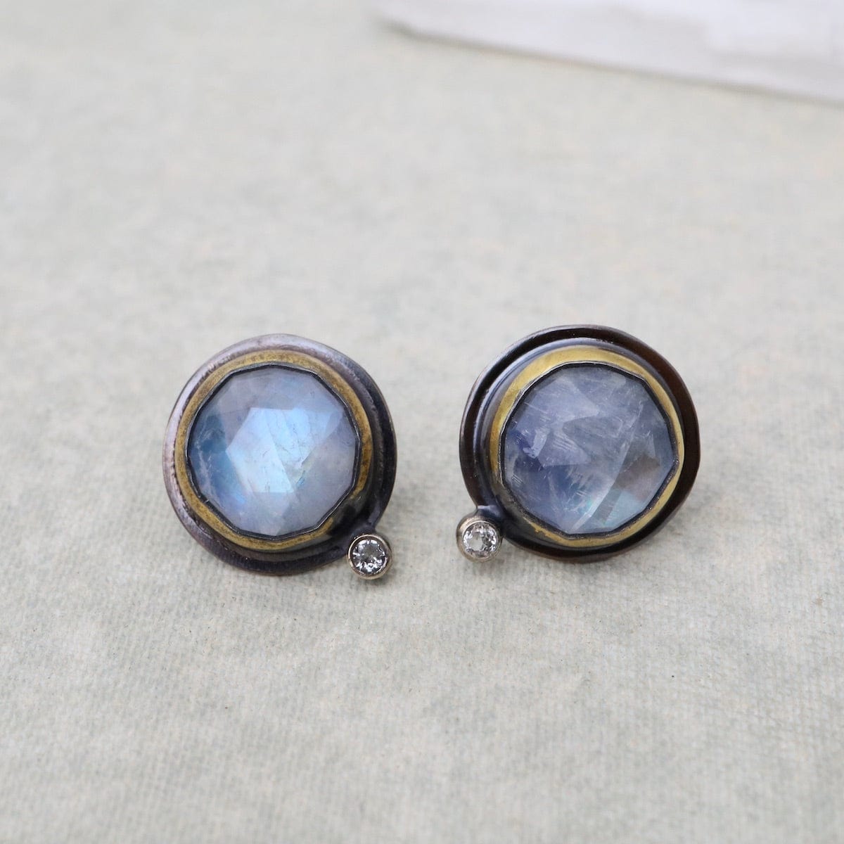 EAR Oval Crescent Rim Post Earrings with Moonstone & White Topaz