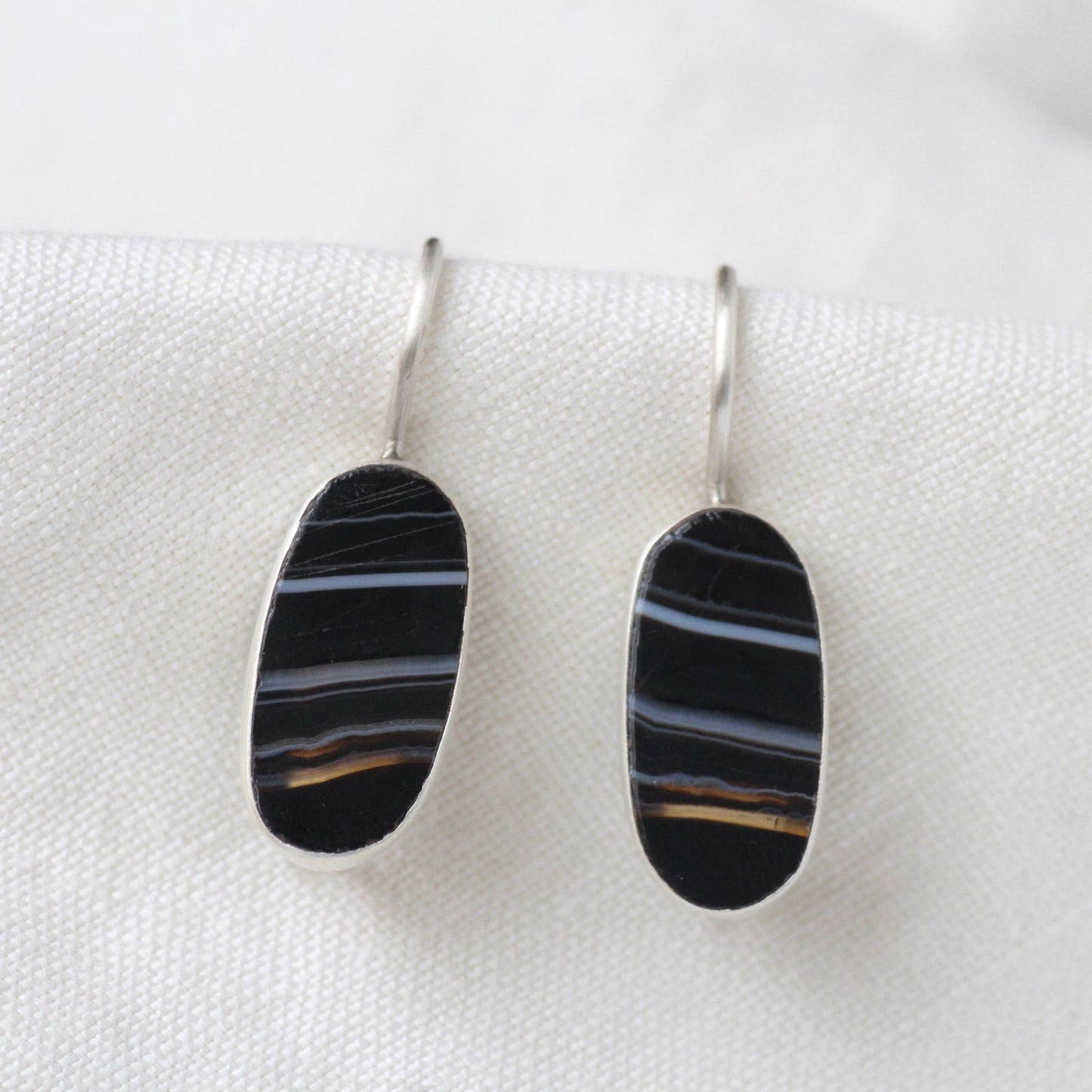 EAR Oval Flat Banded Black Onyx Drop Earrings