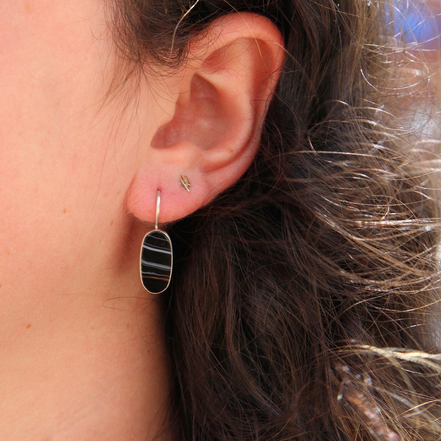 EAR Oval Flat Banded Black Onyx Drop Earrings