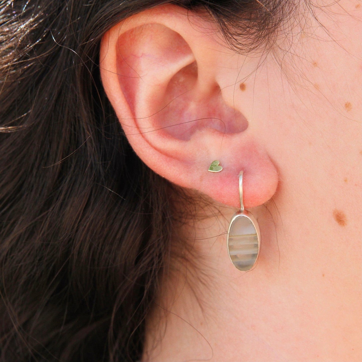 EAR Oval Flat White Agate Drop Earrings