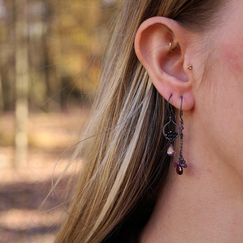 EAR Oxidized Silver Arabesque Earrings in Garnet