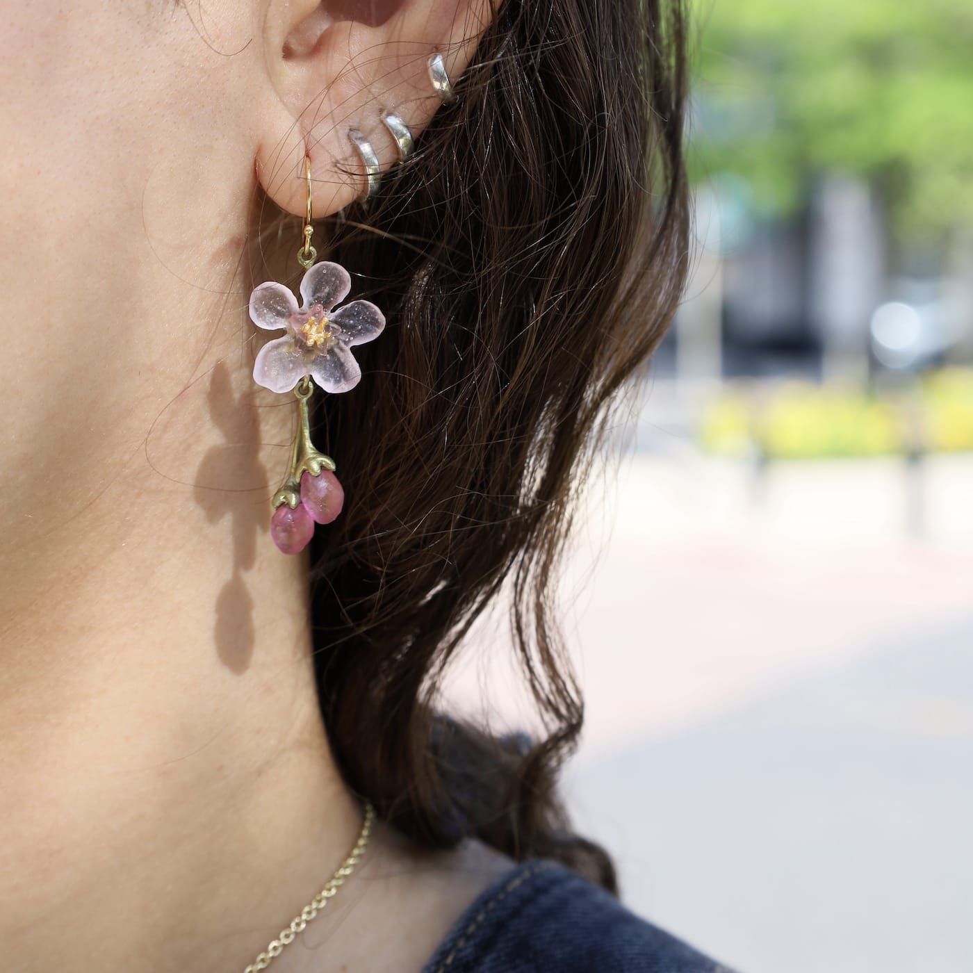 EAR Peach Blossom Flower Drop Wire Earrings