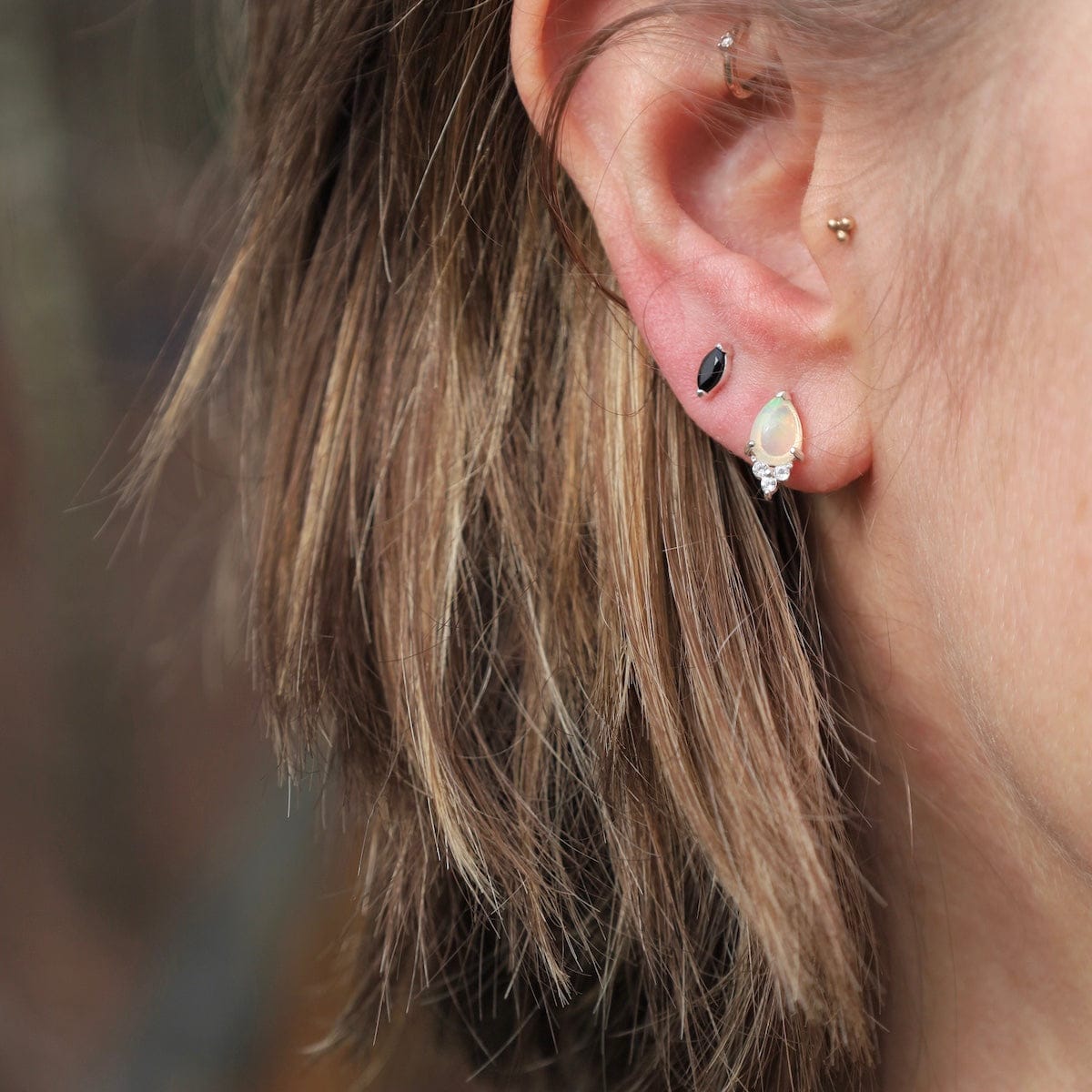 EAR Pear Opal with Three White Topaz Cluster Stud Earrings