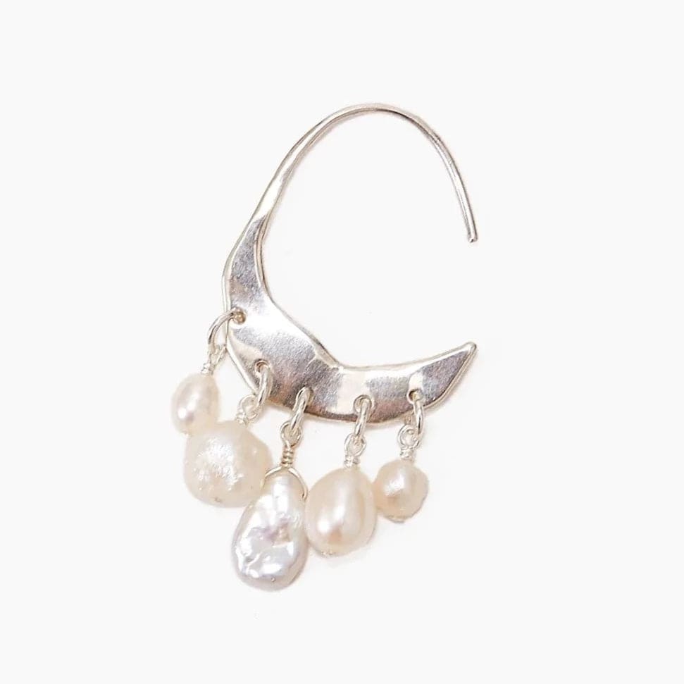 EAR Petite Crescent White Pearl & Silver Hoop Earrings