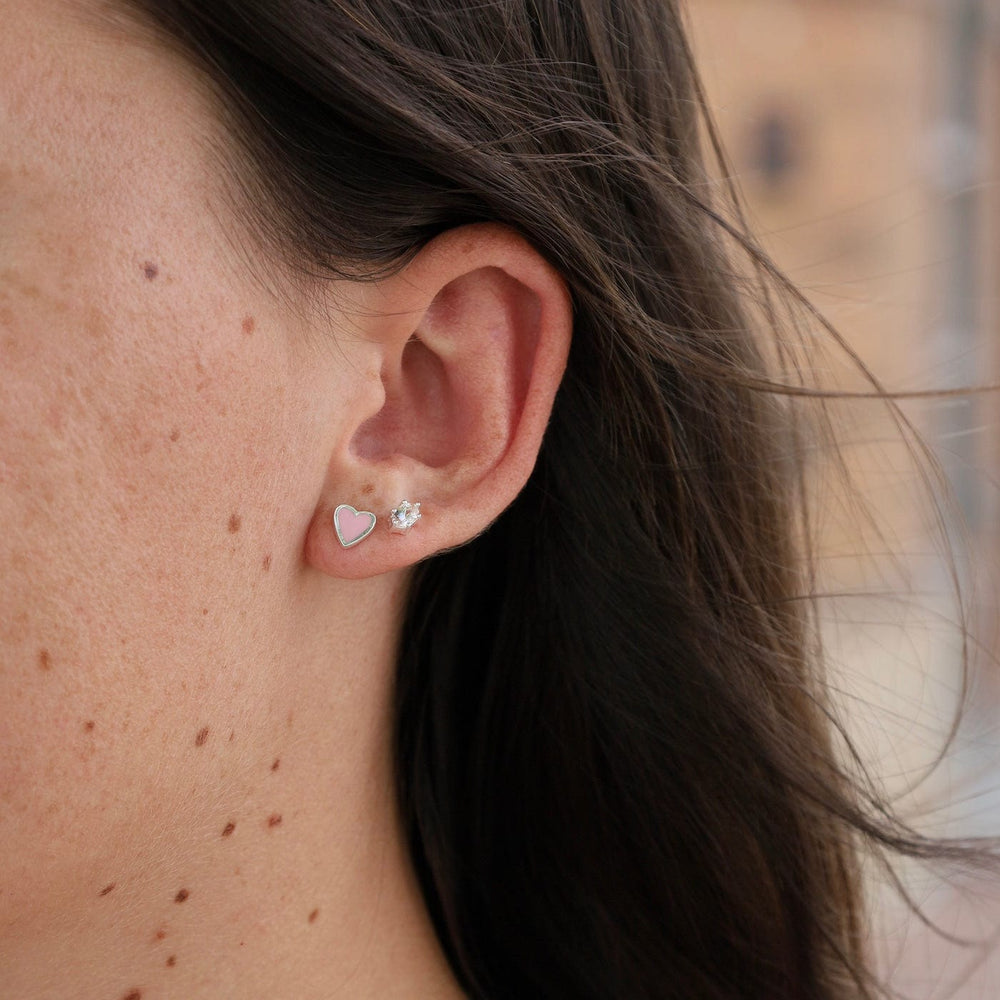 EAR Pink Enamel heart Stud Earrings - Sterling Silver