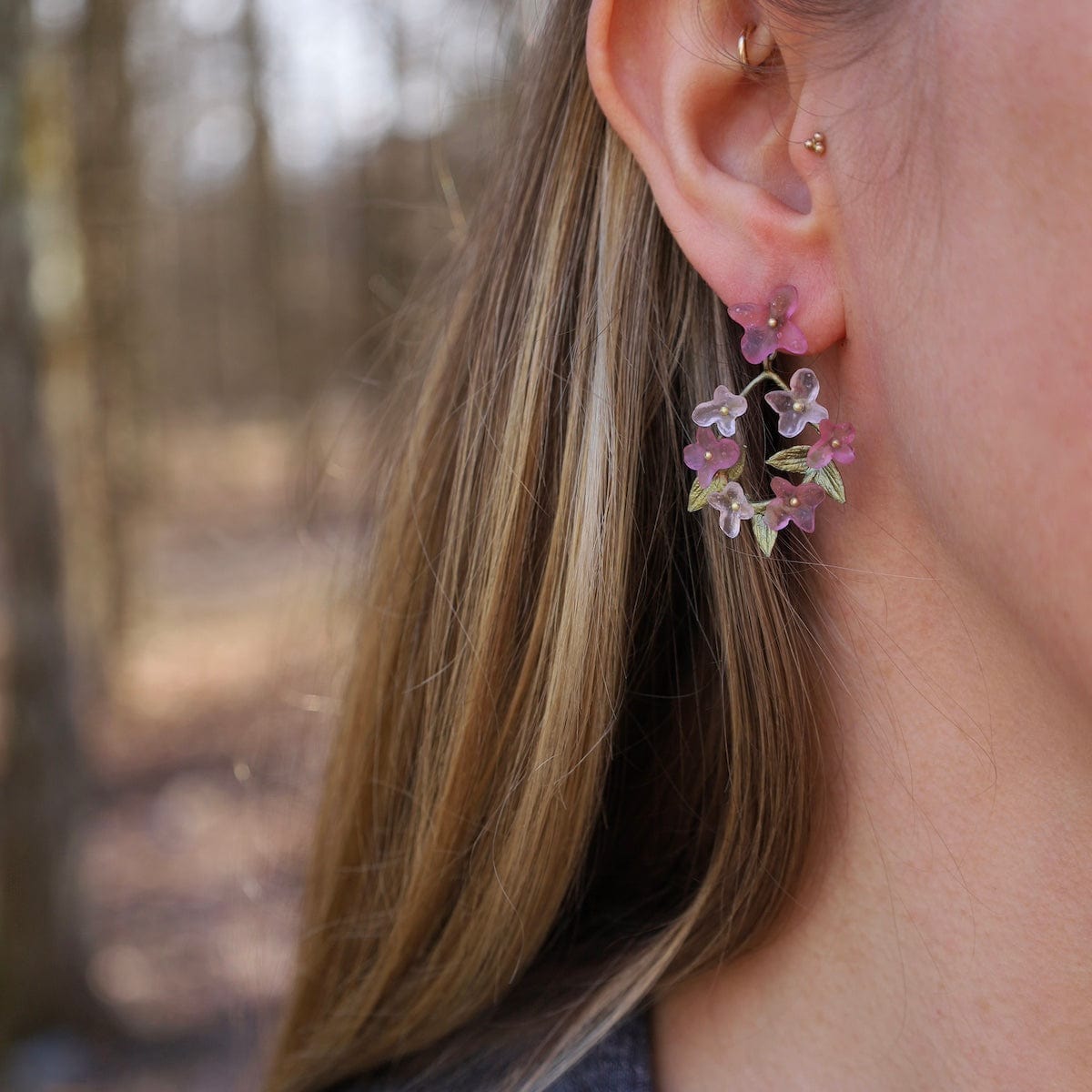 EAR Pink Hydrangea Hoop Post Earrings