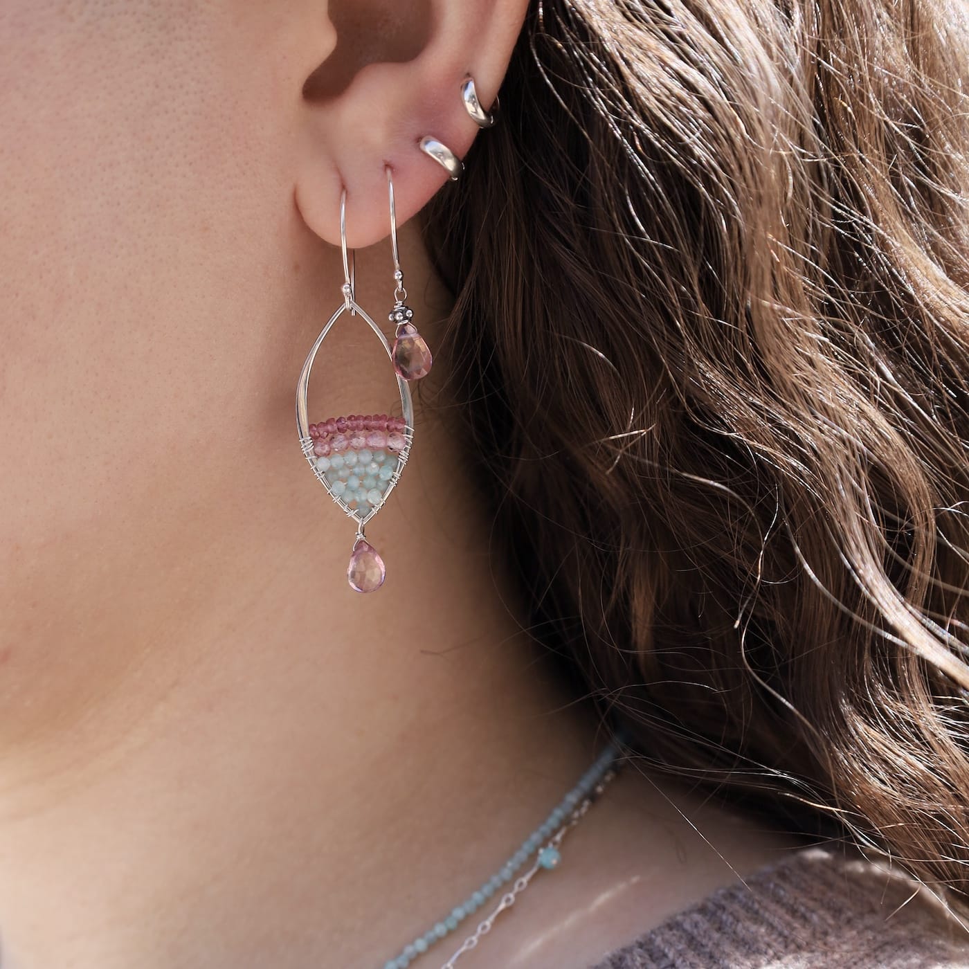 EAR Pink Topaz & Amazonite Silver Marquise Earrings