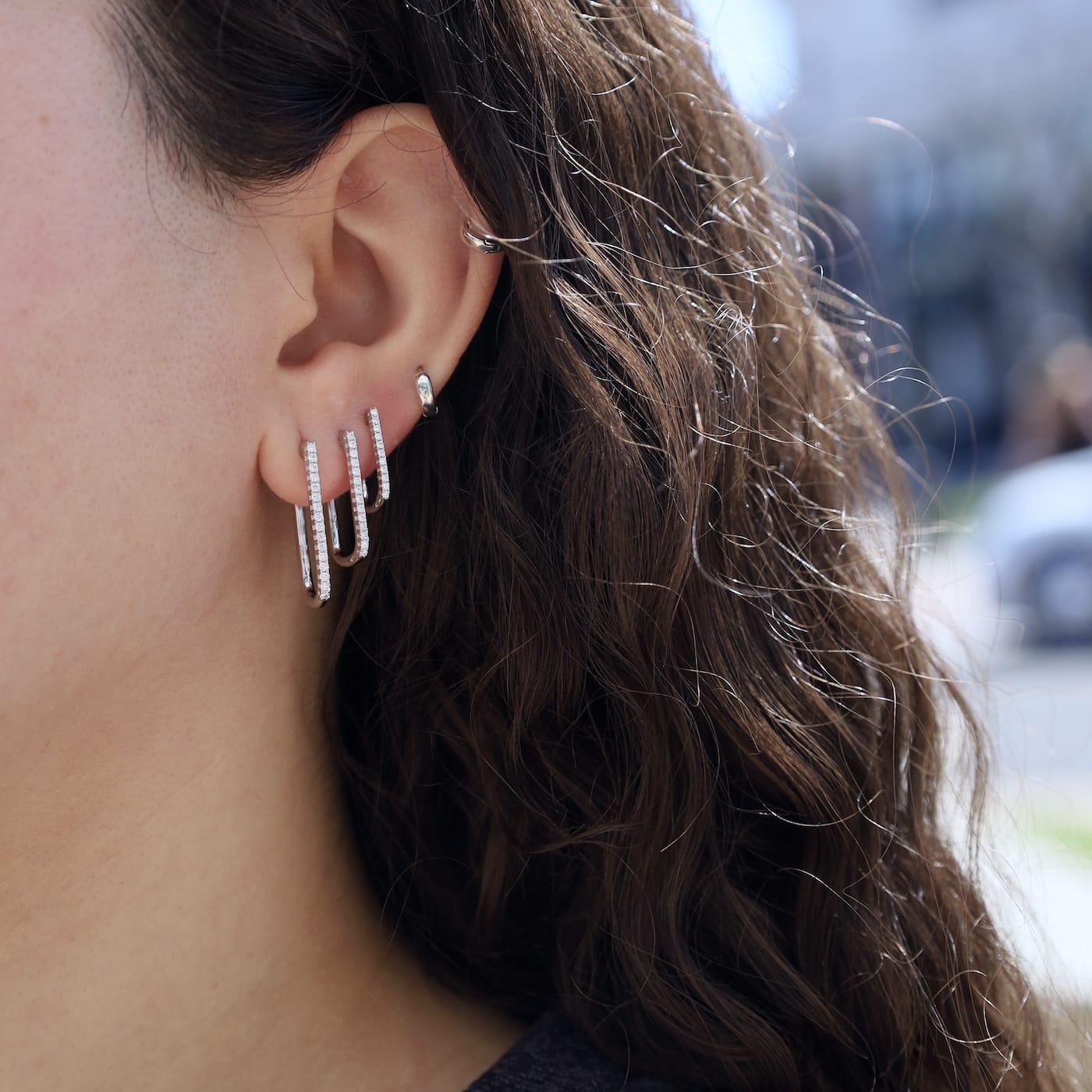 EAR-PPL Platinum Plated Diamond 25mm x 14.3mm Rectangle Hoop Earrings