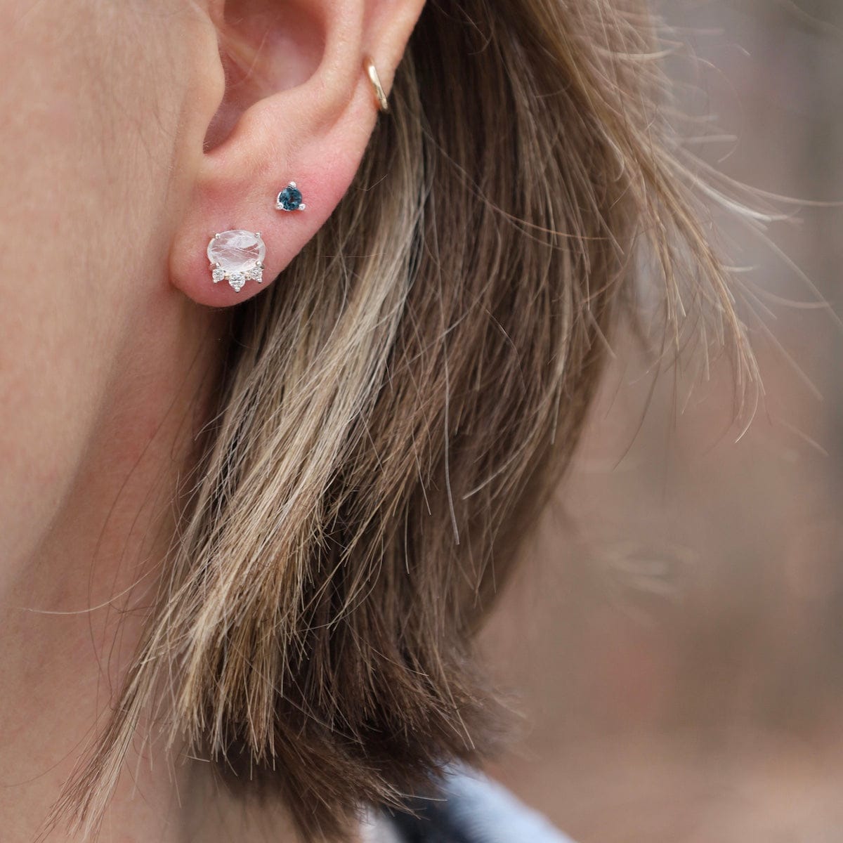 EAR Prong Set Oval Rainbow Moonstone with CZ Stud Earrings