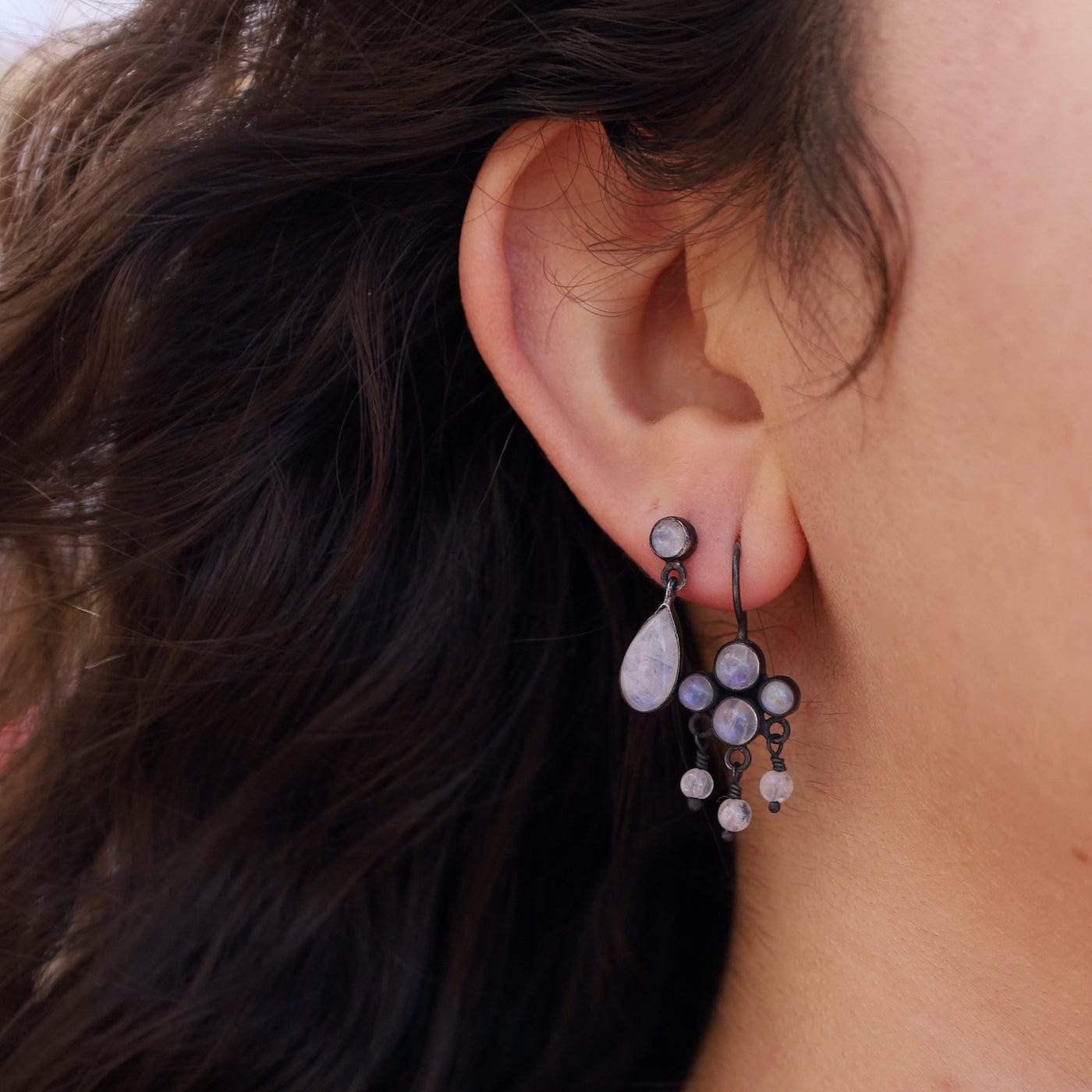 EAR Rainbow Moonstone Cluster with Dangles Earrings