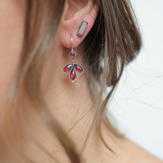 EAR Rhodolite Garnet Tiny Foil Backed Cabochon Drop Earring