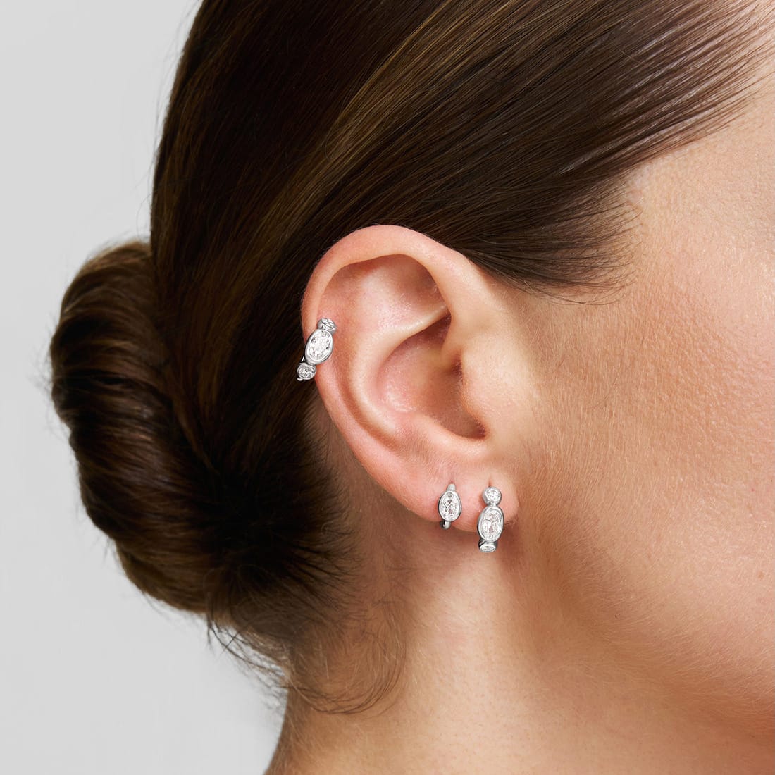 EAR Silver Bezel Organic Pebble & Round Huggie Hoop Earrings
