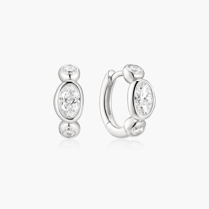 EAR Silver Bezel Organic Pebble & Round Huggie Hoop Earrings