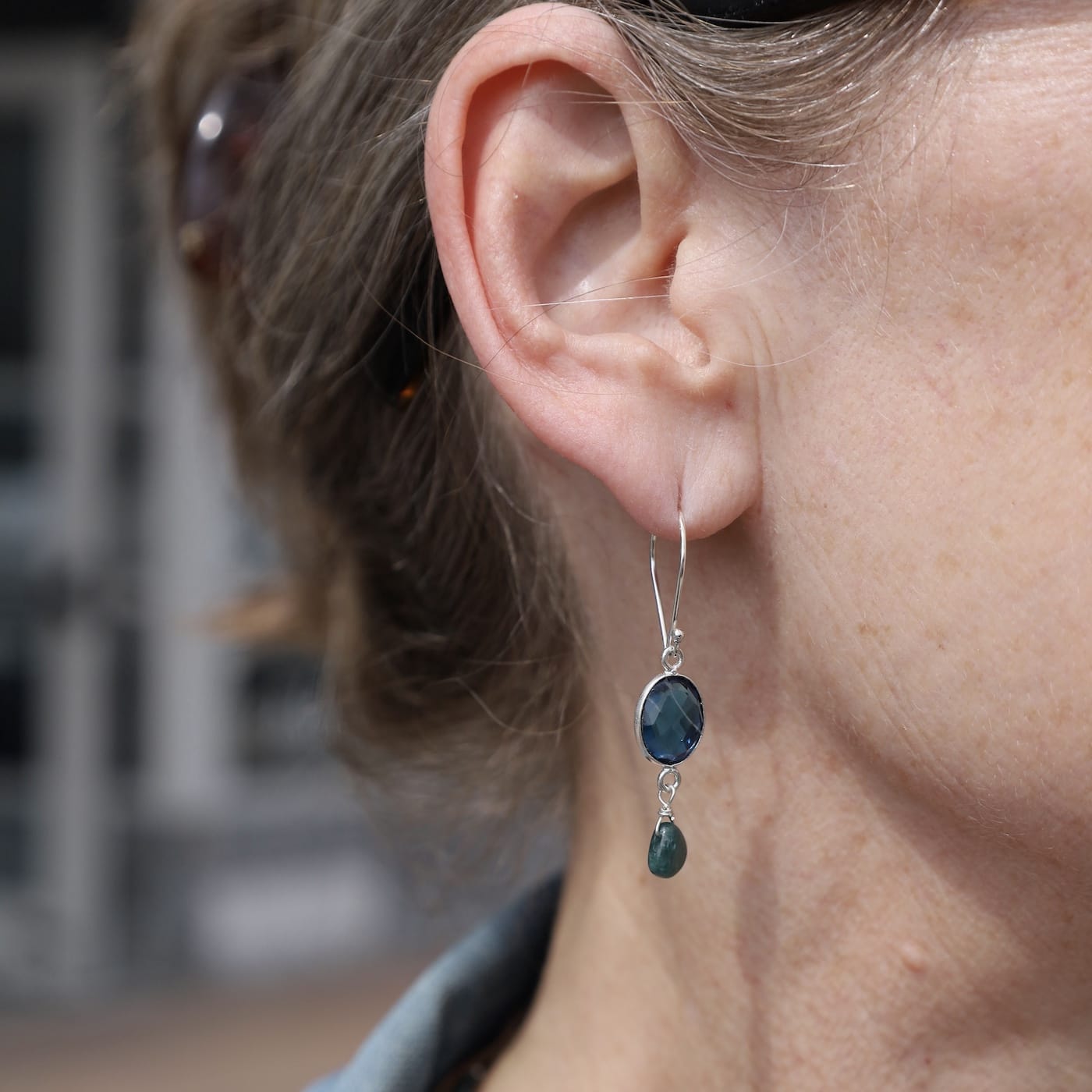 EAR Silver Bezel Oval Blue Quartz Drop Earrings