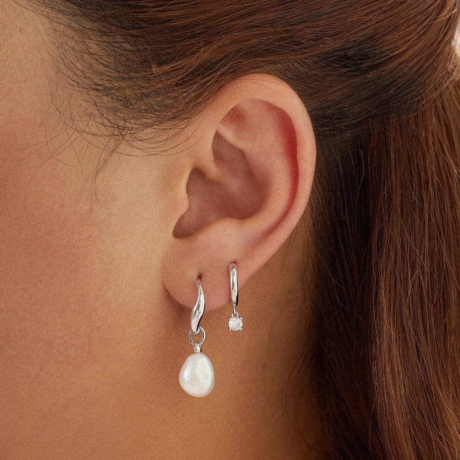 EAR Silver Drop Solitaire Huggie Earrings