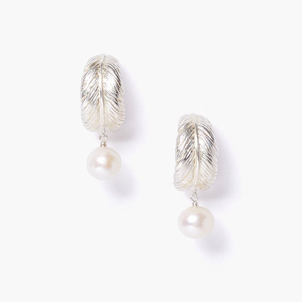 EAR Silver Feather Pearl Drop Hoops