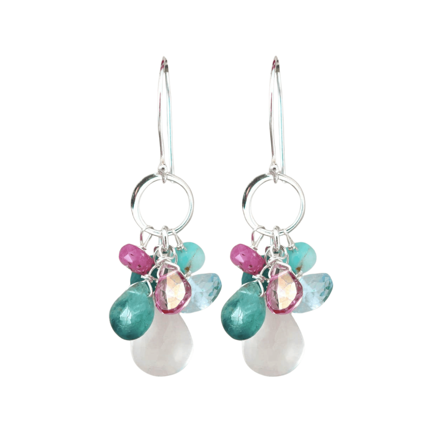 EAR Silver Hammered Circle with Pastel Cluster Earrings