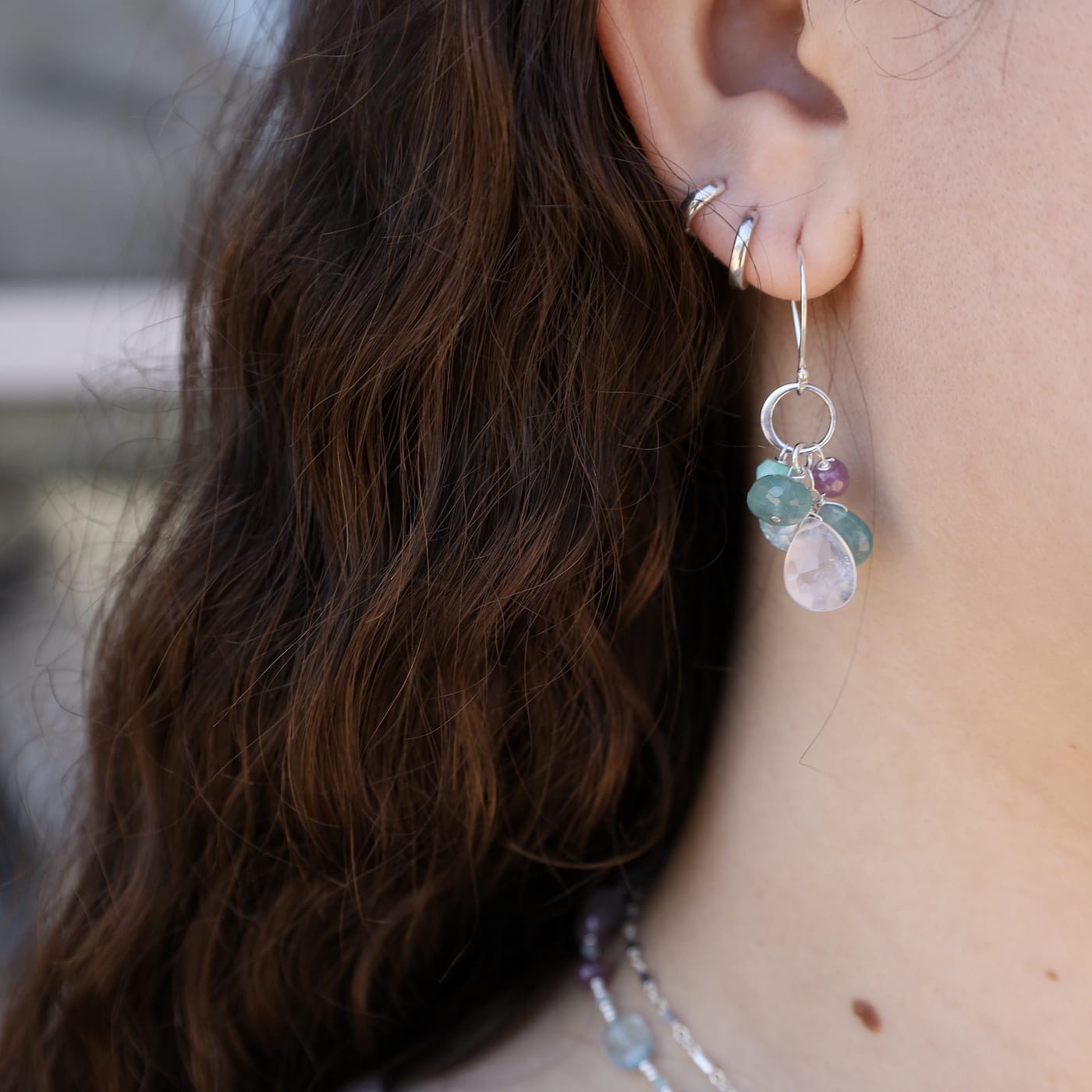 EAR Silver Hammered Circle with Pastel Cluster Earrings