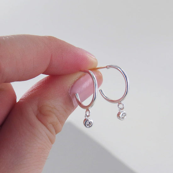 EAR SILVER HOOP WITH HANGING CZ