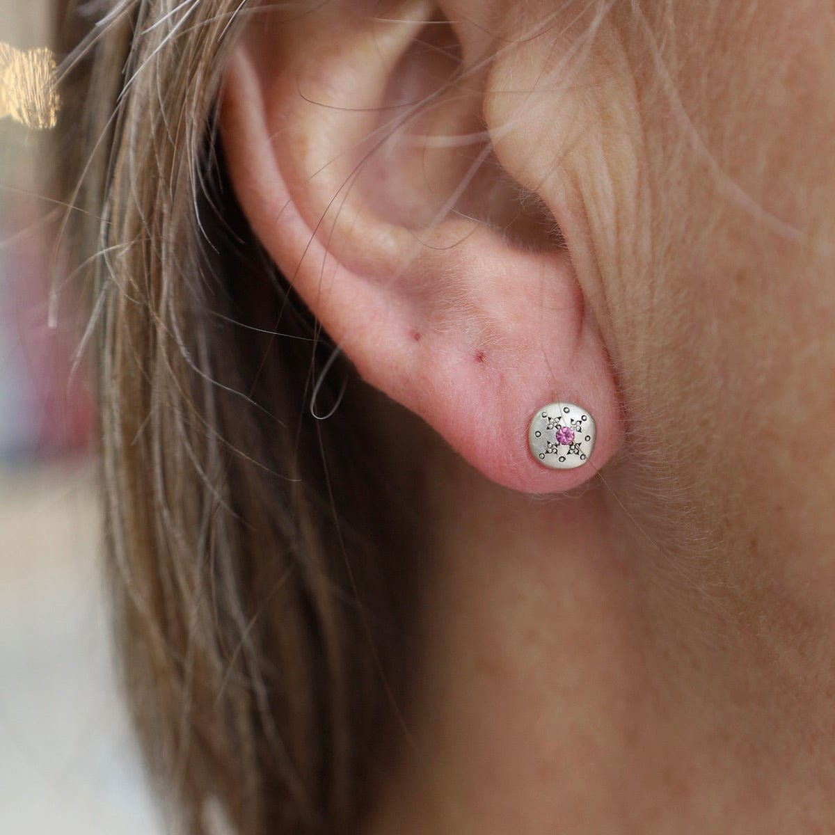 EAR Silver Light Charm Studs in Pink Sapphire