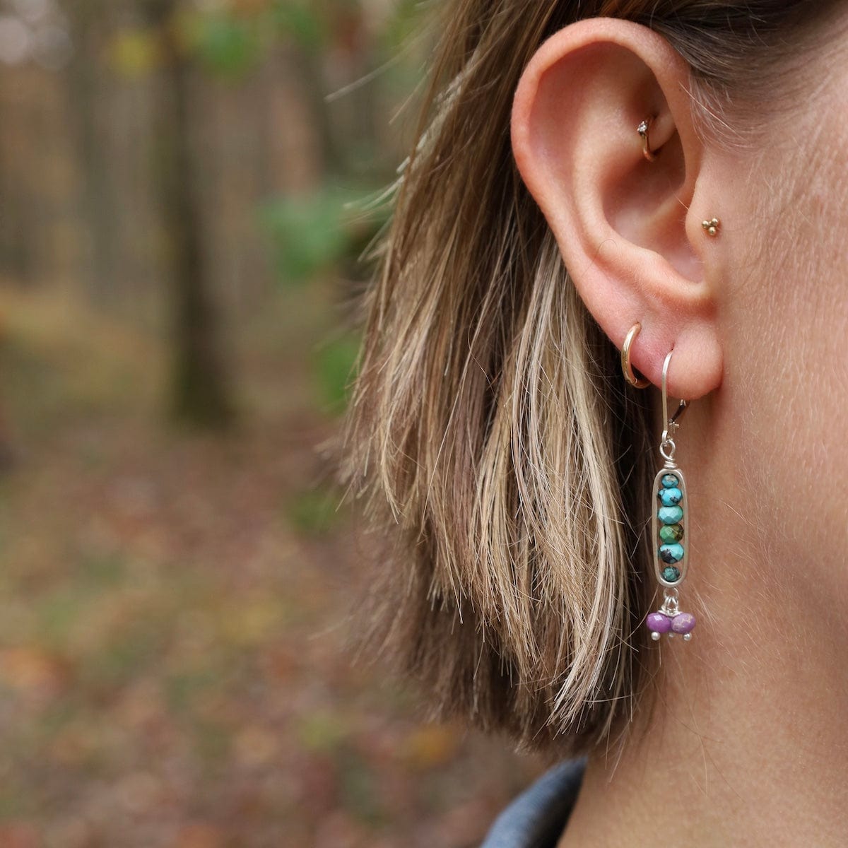 EAR Silver Oval Turquoise and Phosphosiderite Earrings