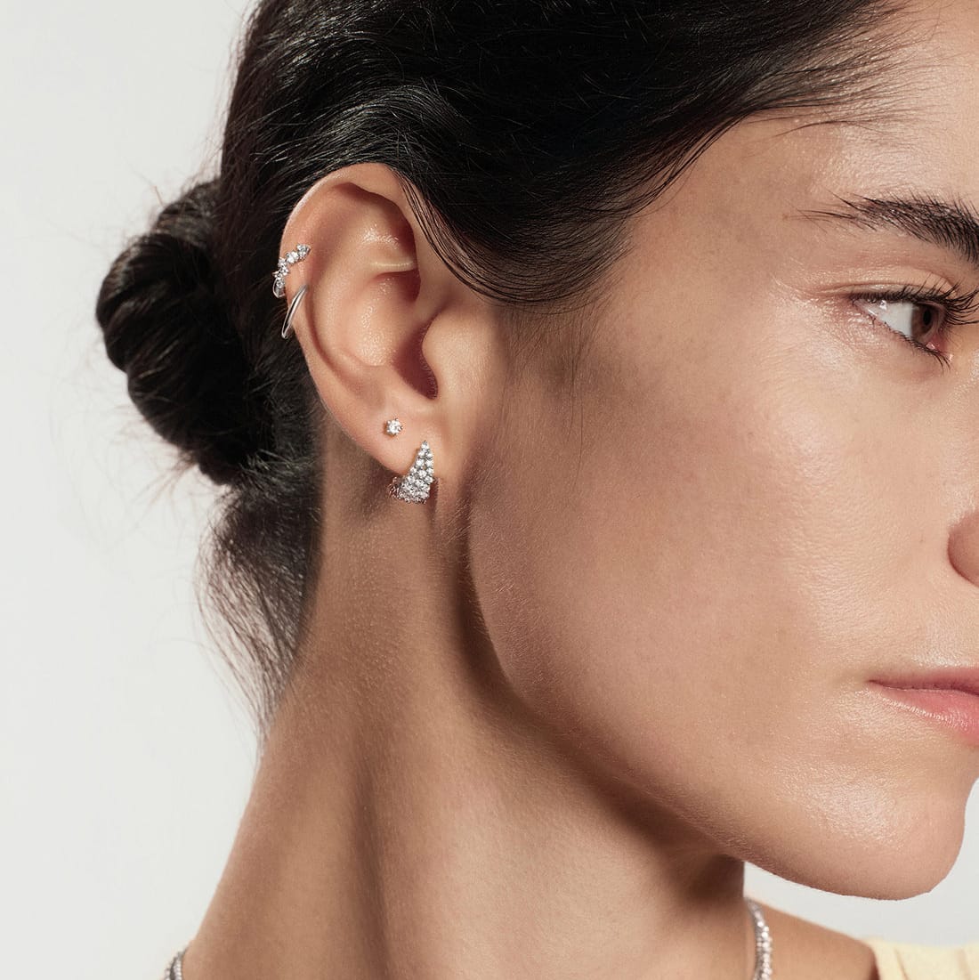 EAR Silver Pave Openwork Curved Stud Hoop Earrings