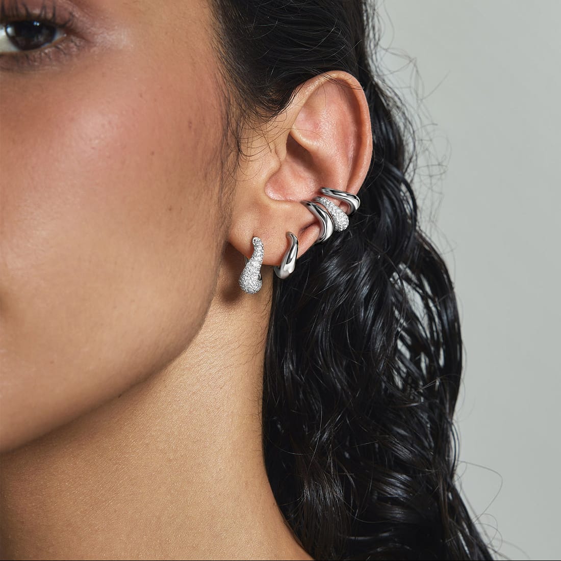 EAR Silver Pave Wave Huggie Hoop Earrings