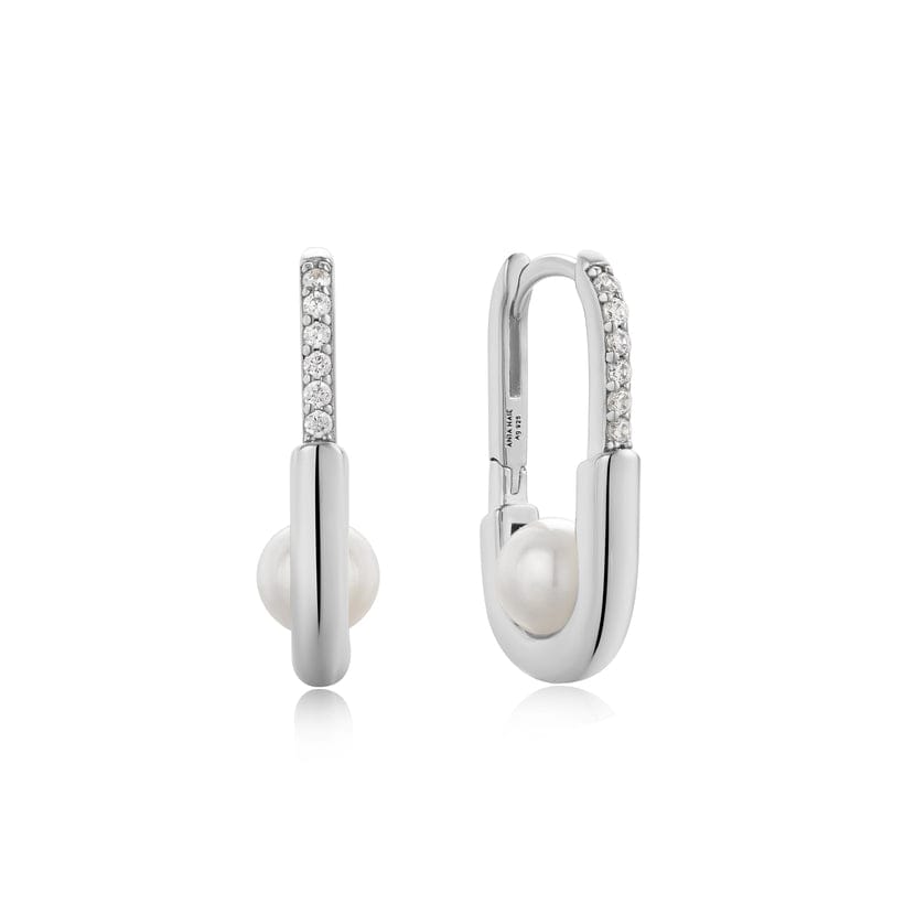 EAR Silver Pearl Interlock Oval Hoop Earrings